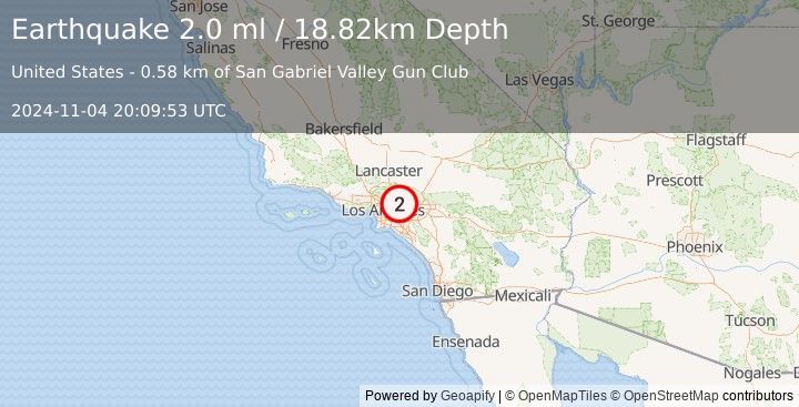 Earthquake 2 km NNW of Azusa, CA (2.0 ml) (2024-11-04 20:09:53 UTC)