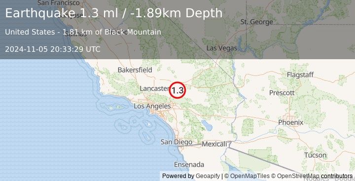 Earthquake 14 km NNE of Apple Valley, CA (1.3 ml) (2024-11-05 20:33:29 UTC)