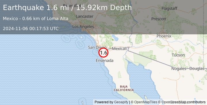 Earthquake 22 km SSW of Tecate, B.C., MX (1.6 ml) (2024-11-06 00:17:53 UTC)