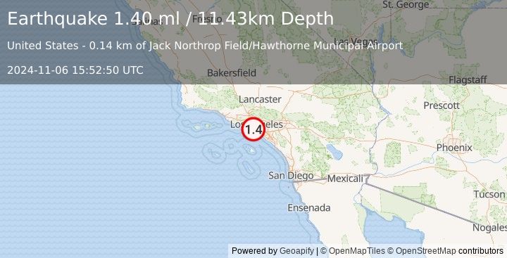 Earthquake 2 km ENE of Hawthorne, CA (1.4 ml) (2024-11-06 15:52:50 UTC)