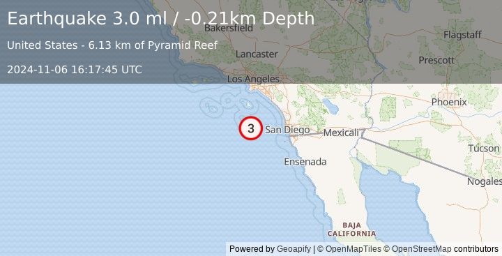 Earthquake 8 km SSE of San Clemente Is. (SE tip), CA (3.0 ml) (2024-11-06 16:17:45 UTC)