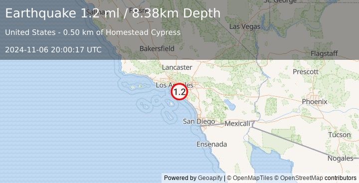 Earthquake 1 km ESE of Cypress, CA (1.2 ml) (2024-11-06 20:00:17 UTC)