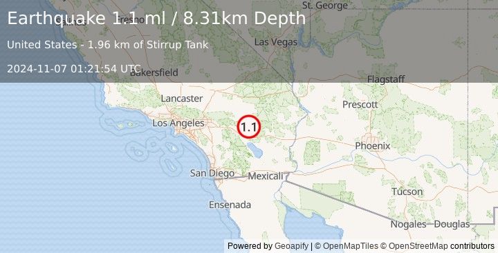 Earthquake 22 km SSE of Twentynine Palms, CA (1.1 ml) (2024-11-07 01:21:54 UTC)