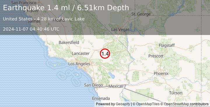 Earthquake 13 km WSW of Ludlow, CA (1.4 ml) (2024-11-07 04:40:46 UTC)