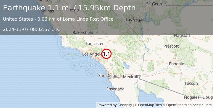 Earthquake 0 km NNE of Loma Linda, CA (1.1 ml) (2024-11-07 08:02:57 UTC)