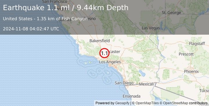 Earthquake 13 km N of Castaic, CA (1.1 ml) (2024-11-08 04:02:47 UTC)