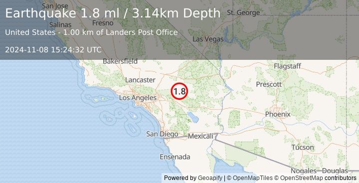 Earthquake 17 km NNW of Joshua Tree, CA (1.8 ml) (2024-11-08 15:24:32 UTC)