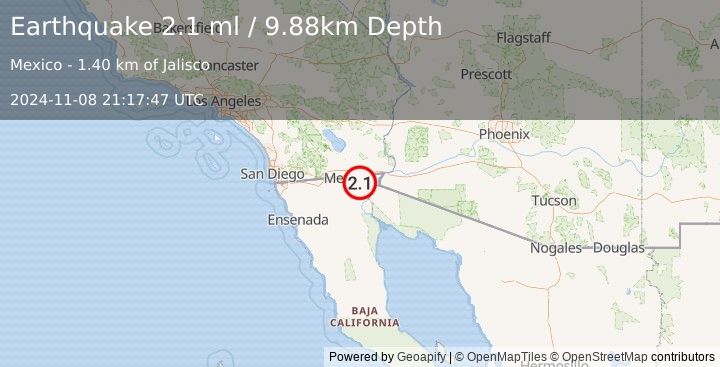 Earthquake 11 km ESE of Puebla, B.C., MX (2.1 ml) (2024-11-08 21:17:47 UTC)