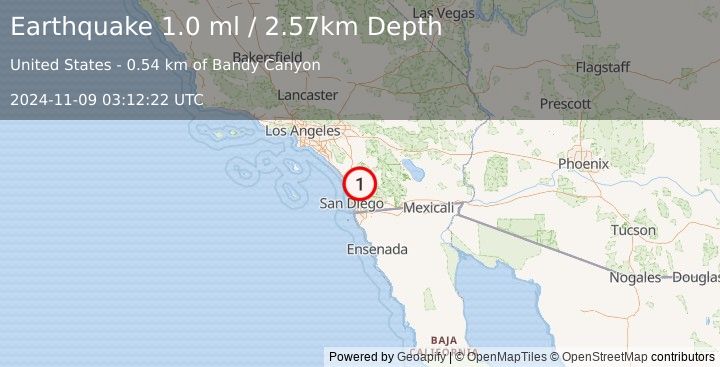 Earthquake 3 km WSW of San Pasqual, CA (1.0 ml) (2024-11-09 03:12:22 UTC)