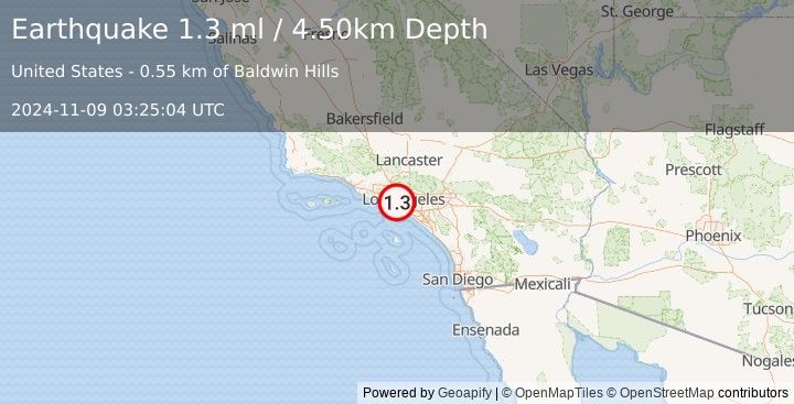 Earthquake 0 km SSW of Baldwin Hills, CA (1.3 ml) (2024-11-09 03:25:04 UTC)