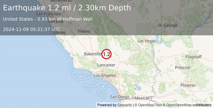 Earthquake 29 km NNW of California City, CA (1.2 ml) (2024-11-09 05:21:37 UTC)