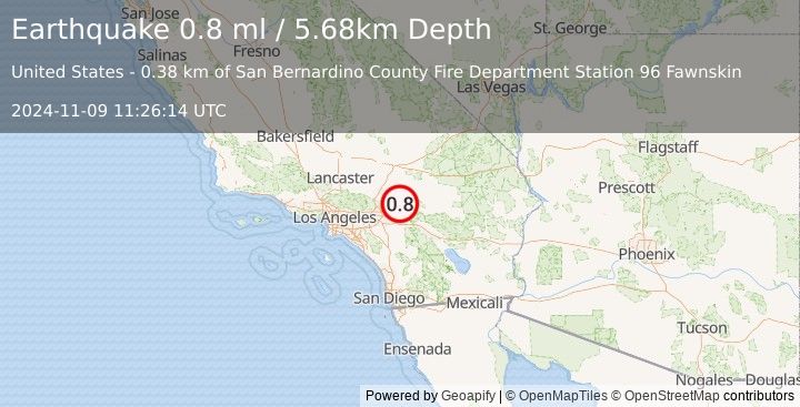 Earthquake 5 km NW of Big Bear Lake, CA (0.8 ml) (2024-11-09 11:26:14 UTC)