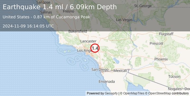 Earthquake 8 km WSW of Lytle Creek, CA (1.4 ml) (2024-11-09 16:14:05 UTC)