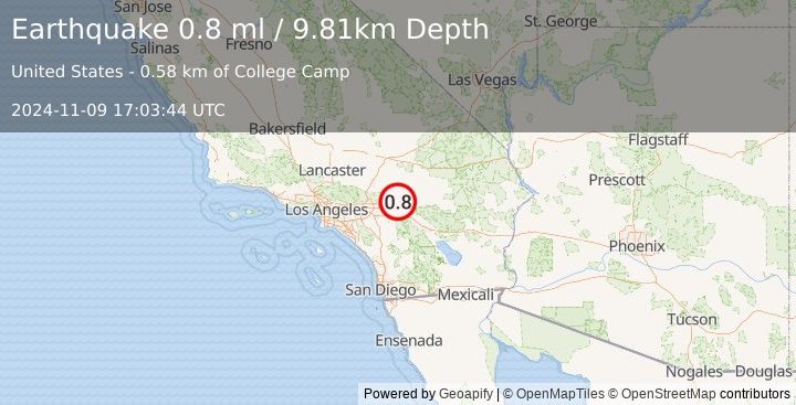 Earthquake 11 km SSE of Big Bear City, CA (0.8 ml) (2024-11-09 17:03:44 UTC)