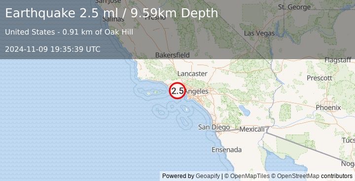 Earthquake 8 km NNE of Malibu, CA (2.5 ml) (2024-11-09 19:35:39 UTC)