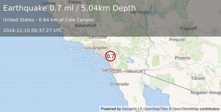 Earthquake 2 km W of Murrieta, CA (0.7 ml) (2024-11-10 00:37:27 UTC)