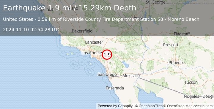 Earthquake 5 km ENE of Moreno Valley, CA (1.9 ml) (2024-11-10 02:54:28 UTC)