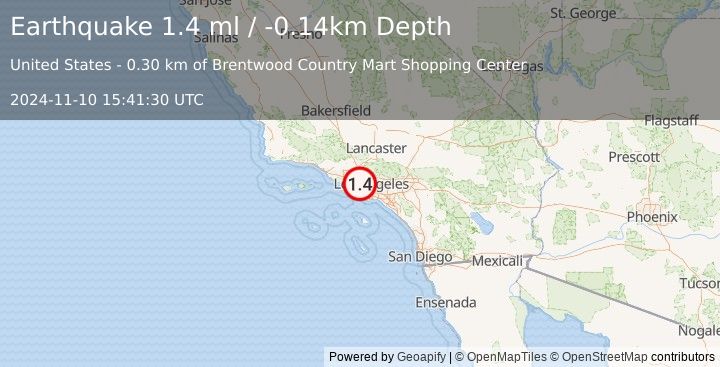 Earthquake 4 km N of Santa Monica, CA (1.4 ml) (2024-11-10 15:41:30 UTC)