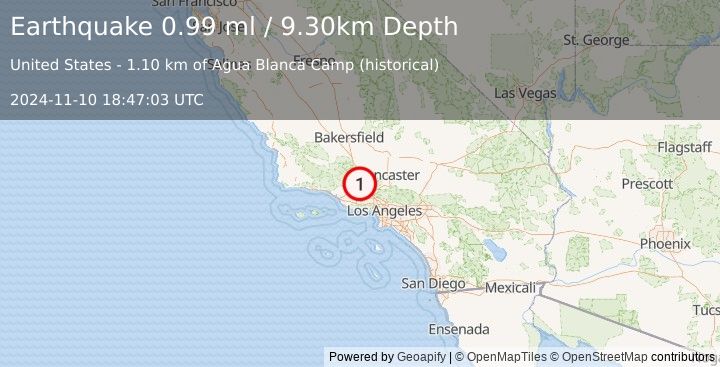 Earthquake 14 km N of Piru, CA (1.0 ml) (2024-11-10 18:47:03 UTC)