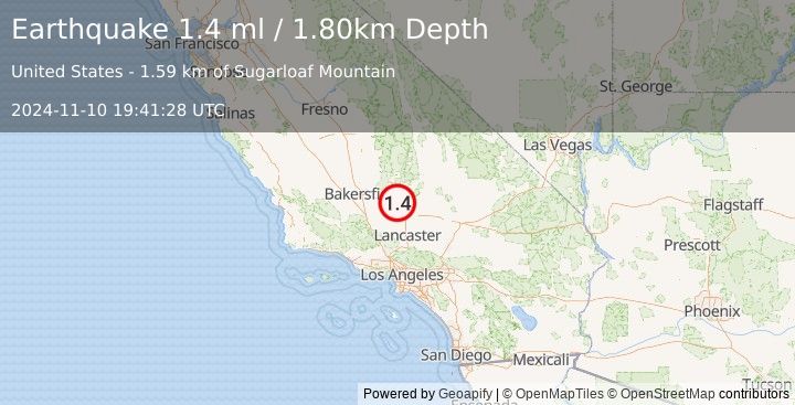 Earthquake 15 km NE of Tehachapi, CA (1.4 ml) (2024-11-10 19:41:28 UTC)