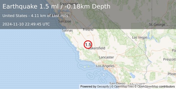 Earthquake 37 km NNE of Simmler, CA (1.5 ml) (2024-11-10 22:49:45 UTC)