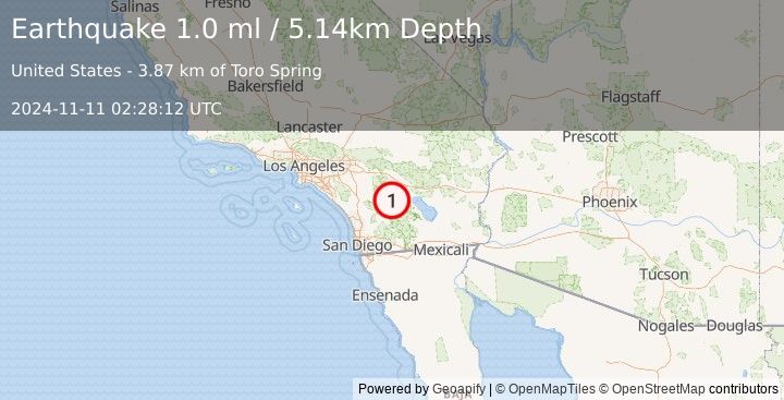 Earthquake 21 km ESE of Anza, CA (1.0 ml) (2024-11-11 02:28:12 UTC)