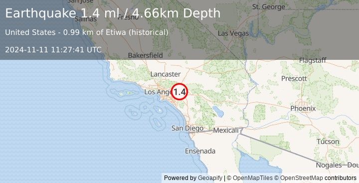 Earthquake 6 km NNW of Glen Avon, CA (1.4 ml) (2024-11-11 11:27:41 UTC)