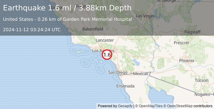 Earthquake 3 km ENE of Stanton, CA (1.6 ml) (2024-11-12 03:24:24 UTC)