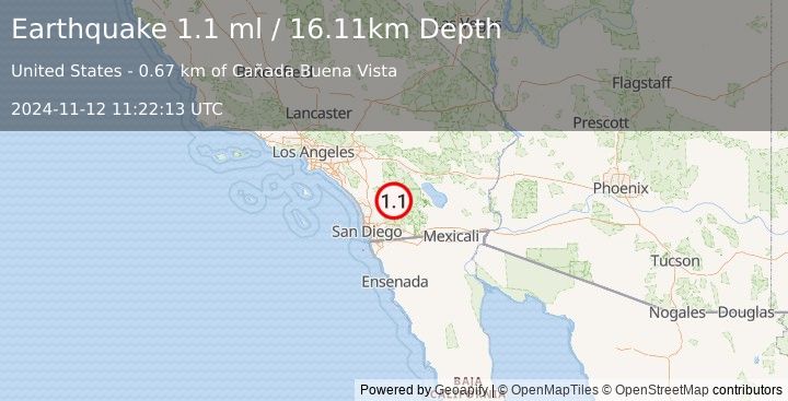 Earthquake 6 km SSE of Warner Springs, CA (1.1 ml) (2024-11-12 11:22:13 UTC)