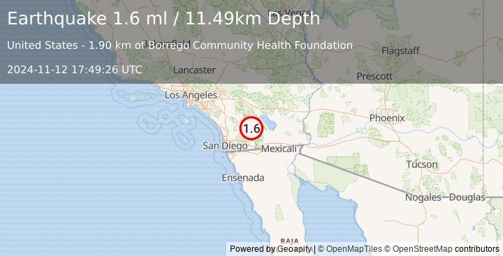 Earthquake 9 km SSE of Borrego Springs, CA (1.6 ml) (2024-11-12 17:49:26 UTC)