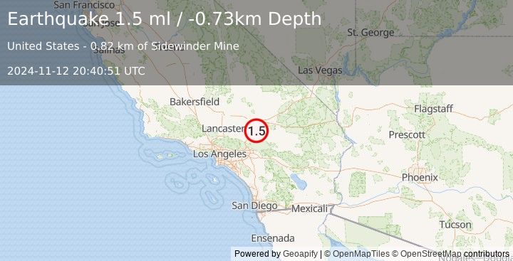 Earthquake 17 km NNE of Apple Valley, CA (1.5 ml) (2024-11-12 20:40:51 UTC)