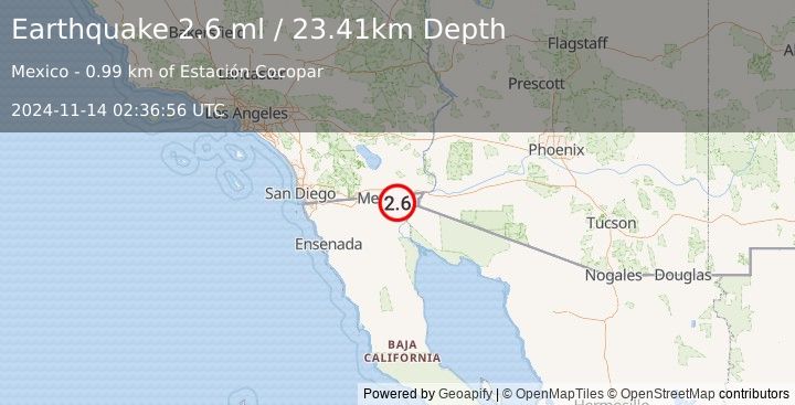 Earthquake 11 km E of Puebla, B.C., MX (2.6 ml) (2024-11-14 02:36:56 UTC)