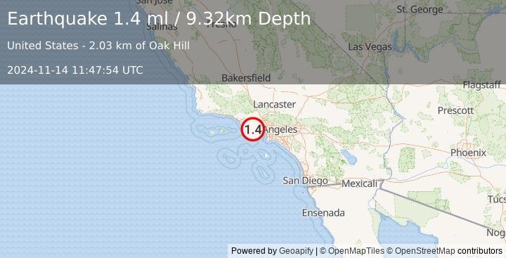 Earthquake 6 km N of Malibu, CA (1.4 ml) (2024-11-14 11:47:54 UTC)