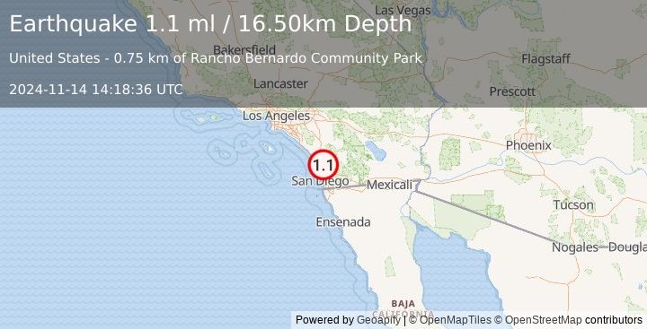 Earthquake 9 km S of Escondido, CA (1.1 ml) (2024-11-14 14:18:36 UTC)