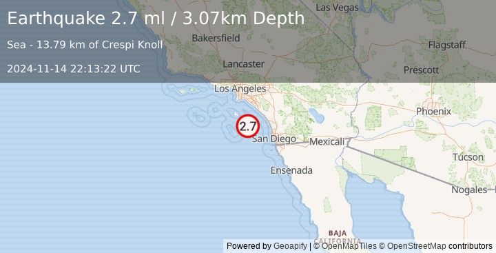 Earthquake 41 km NE of San Clemente Is. (SE tip), CA (2.7 ml) (2024-11-14 22:13:22 UTC)