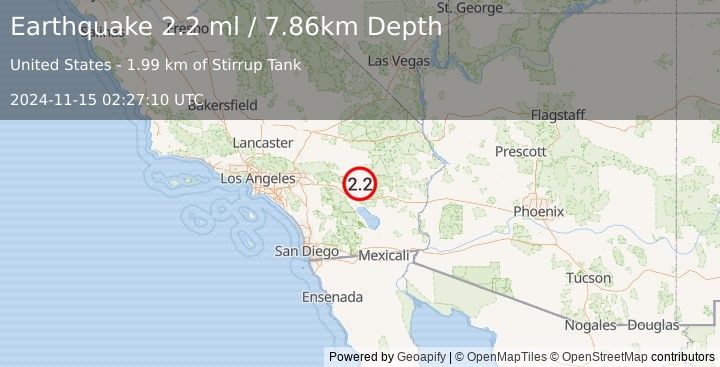 Earthquake 22 km SSE of Twentynine Palms, CA (2.2 ml) (2024-11-15 02:27:10 UTC)