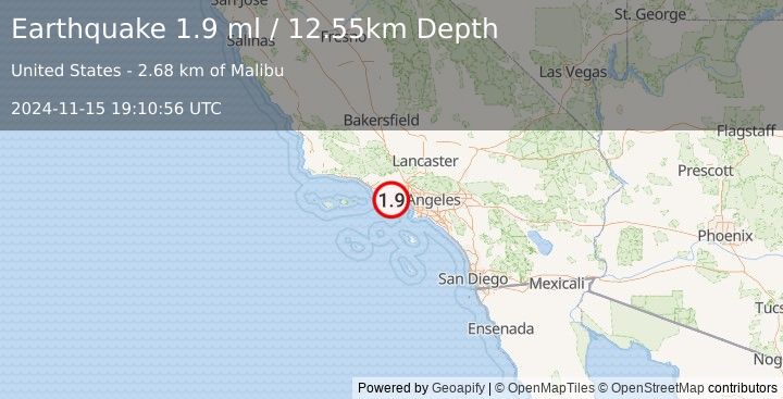 Earthquake 5 km N of Malibu, CA (1.9 ml) (2024-11-15 19:10:56 UTC)