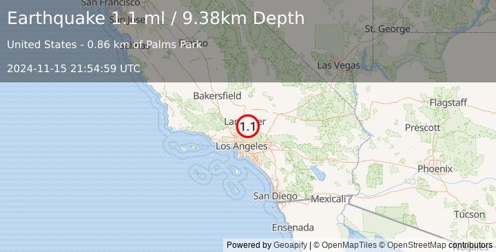 Earthquake 6 km E of Palmdale, CA (1.1 ml) (2024-11-15 21:54:59 UTC)