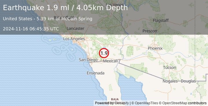 Earthquake 16 km E of Ocotillo Wells, CA (1.9 ml) (2024-11-16 06:45:35 UTC)