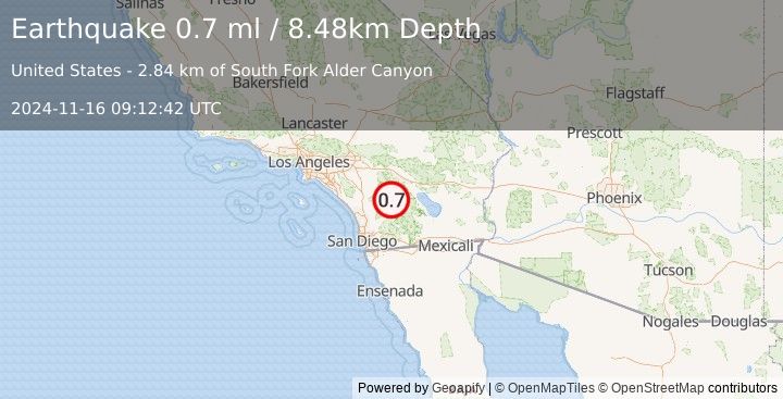 Earthquake 16 km NNE of Warner Springs, CA (0.7 ml) (2024-11-16 09:12:42 UTC)