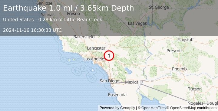 Earthquake 1 km W of Lake Arrowhead, CA (1.0 ml) (2024-11-16 16:30:33 UTC)