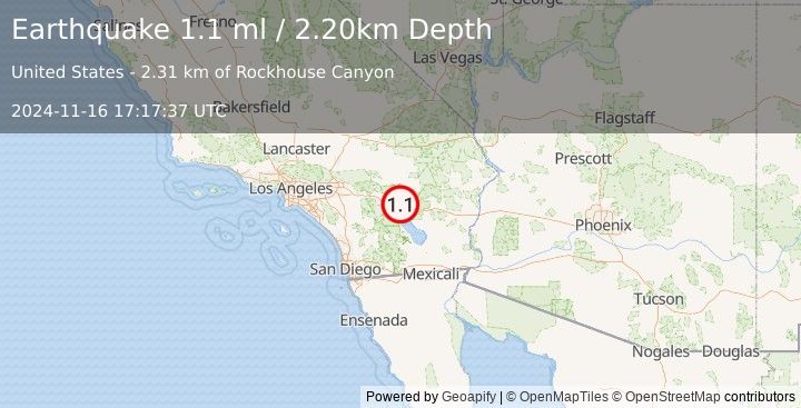 Earthquake 15 km ENE of Indio, CA (1.1 ml) (2024-11-16 17:17:37 UTC)