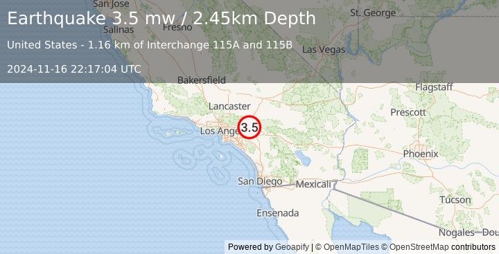 Earthquake 7 km NW of Fontana, CA (3.5 mw) (2024-11-16 22:17:04 UTC)