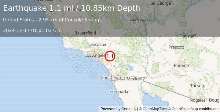 Earthquake 5 km SSE of Loma Linda, CA (1.1 ml) (2024-11-17 01:01:02 UTC)