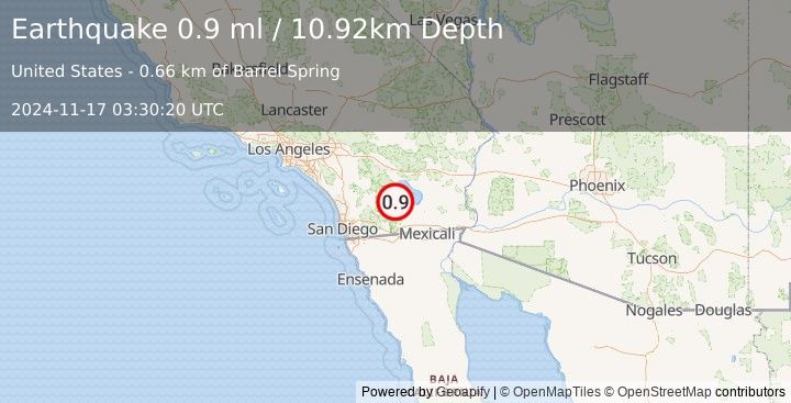 Earthquake 4 km NE of Ocotillo Wells, CA (0.9 ml) (2024-11-17 03:30:20 UTC)