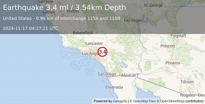 Earthquake 6 km NNW of Fontana, CA (3.4 ml) (2024-11-17 04:17:21 UTC)