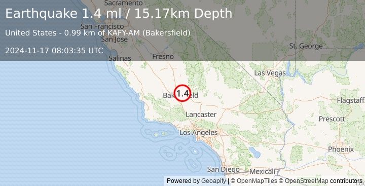 Earthquake 8 km ENE of Oildale, CA (1.4 ml) (2024-11-17 08:03:35 UTC)