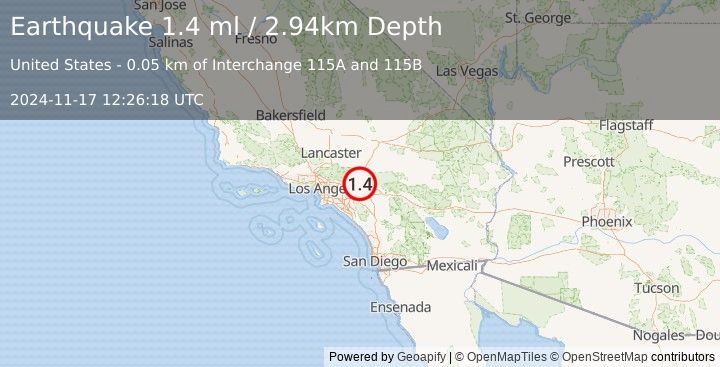 Earthquake 6 km NW of Fontana, CA (1.4 ml) (2024-11-17 12:26:18 UTC)