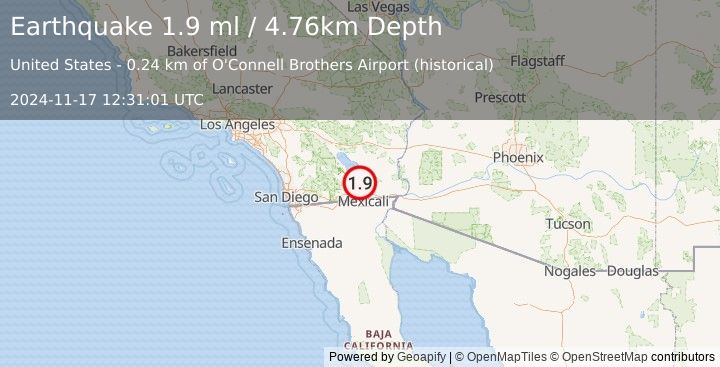 Earthquake 2 km SW of Brawley, CA (1.9 ml) (2024-11-17 12:31:01 UTC)