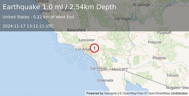 Earthquake 5 km NW of Fontana, CA (1.0 ml) (2024-11-17 13:12:11 UTC)